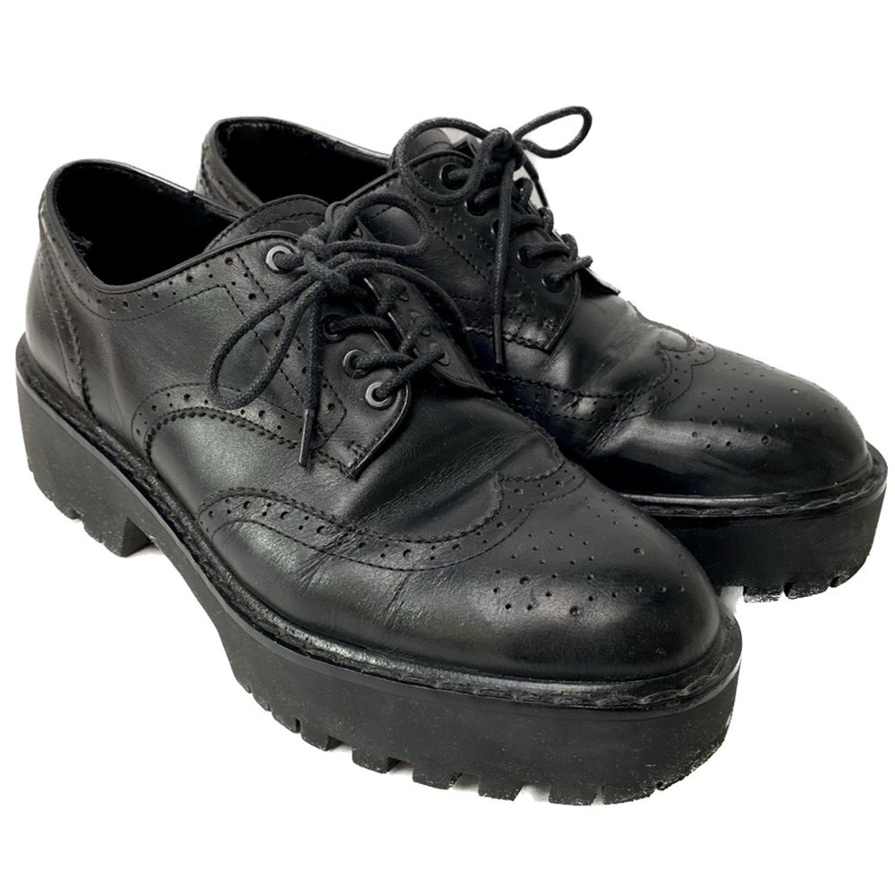 Zara Shoes Women US 6.5 EU 37 Black Brogue Oxford Chunky Lug Sole Platform